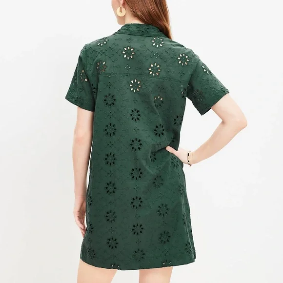 Loft Dress Womens size 10 Green Mini Eyelet Button Cottage Boho Summer Cotton - Picture 2 of 9